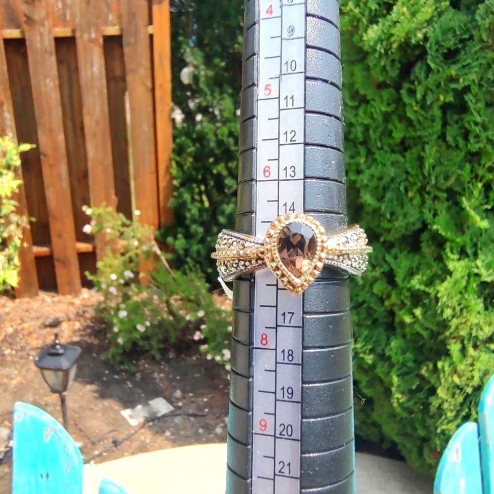 Judith Jack Ring Marcasite Silver Gold with Gem Size 7